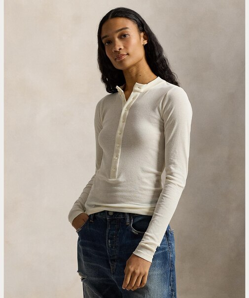 リブ コットン ヘンリーネック シャツ