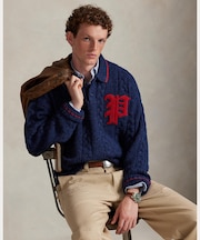 ケーブルニット ポロカラー レター セーター