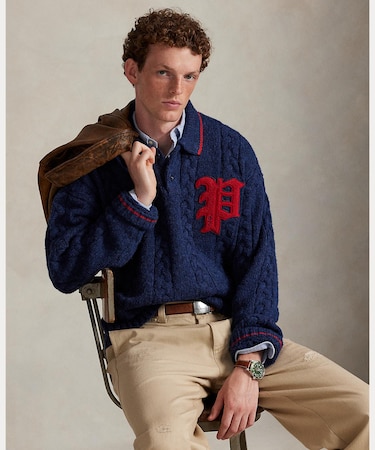 ケーブルニット ポロカラー レター セーター