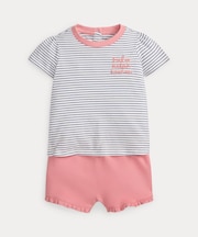 (ベビー)ストライプド コットン Tシャツ & メッシュ ショートパンツ セット