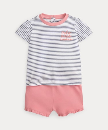 (ベビー)ストライプド コットン Tシャツ & メッシュ ショートパンツ セット