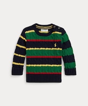 (ベビー)ストライプド ケーブルニット コットン セーター