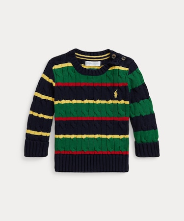 (ベビー)ストライプド ケーブルニット コットン セーター