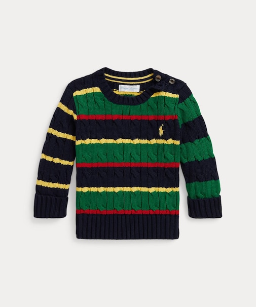 (ベビー)ストライプド ケーブルニット コットン セーター