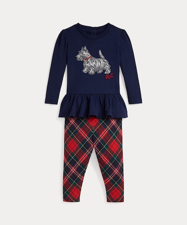 (ベビー)ドッグプリント ジャージー Tシャツ & チェック レギンス セット