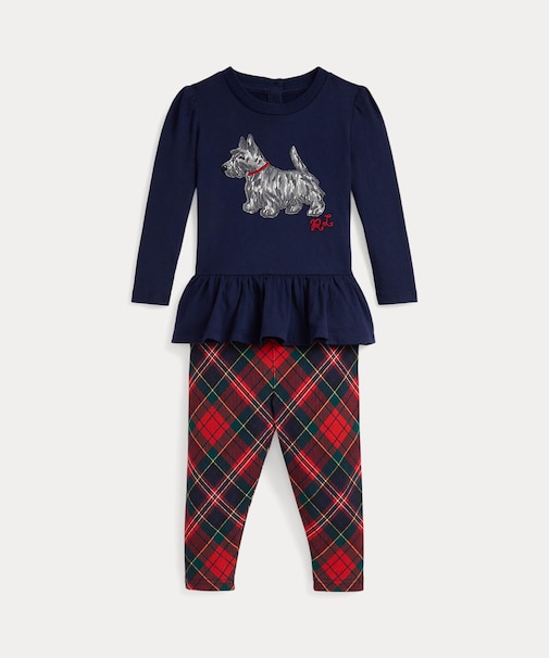 (ベビー)ドッグプリント ジャージー Tシャツ & チェック レギンス セット