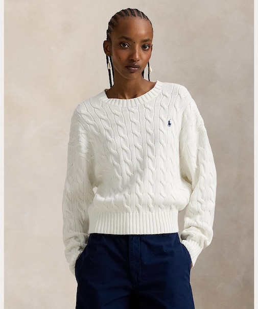 ケーブルニット コットン クルーネック セーター