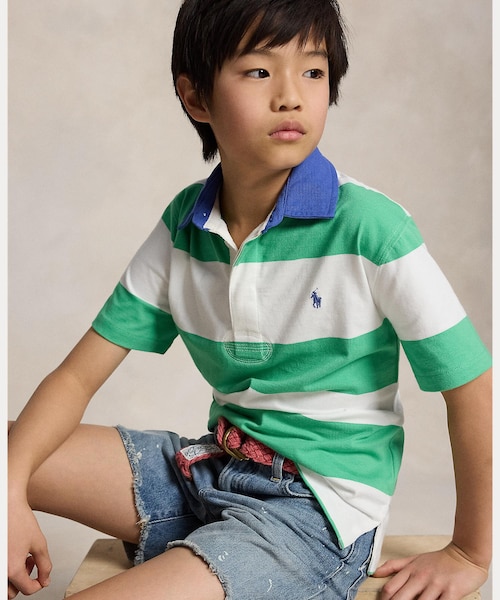 ボーイズ 8才～20才)ストライプド コットン ショートスリーブ ラグビー