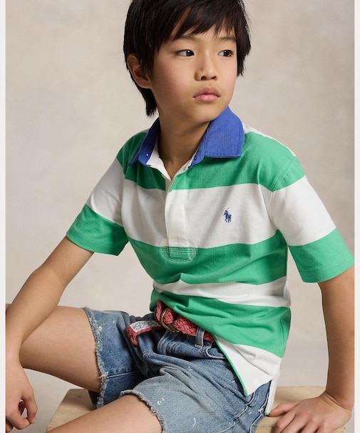 (ボーイズ 8才～20才)ストライプド コットン ショートスリーブ ラグビー シャツ