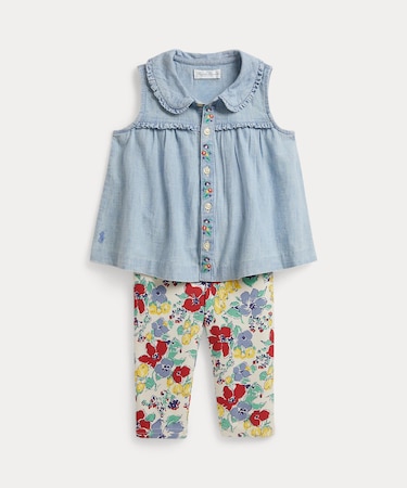 (ベビー)シャンブレー トップ & フローラル ジャージー レギンス