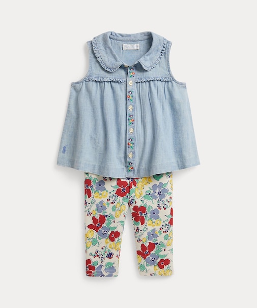 (ベビー)シャンブレー トップ & フローラル ジャージー レギンス