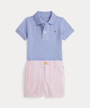 (ベビー)オックスフォード メッシュ ポロシャツ & ストライプド ショートパンツ