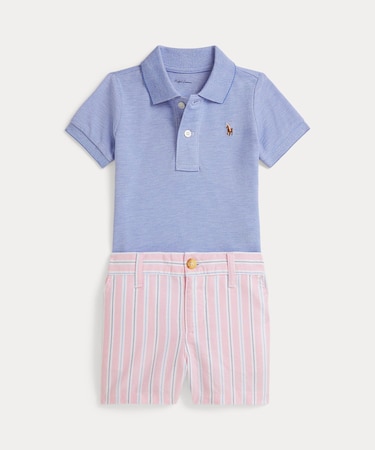 (ベビー)オックスフォード メッシュ ポロシャツ & ストライプド ショートパンツ
