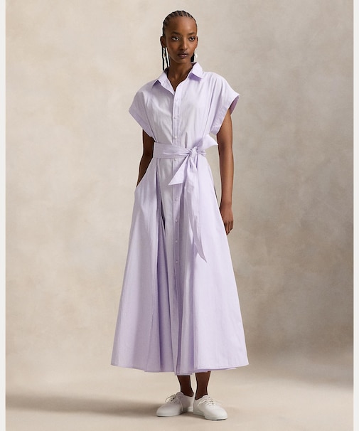 ストライプド ベルテッド コットン シャツドレス