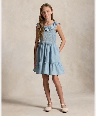 (ガールズ 7才~16才)ブルーベリーオーバーレイ インディゴ シャンブレー ドレス