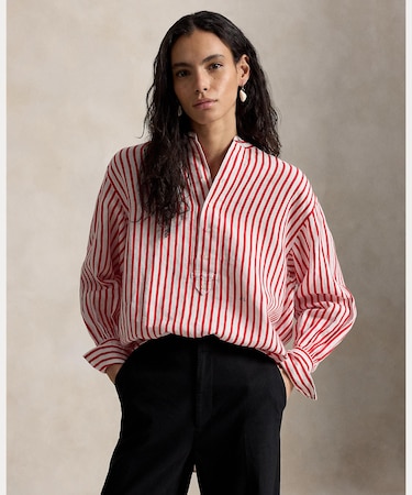 ストライプド リネンコットン シャツ