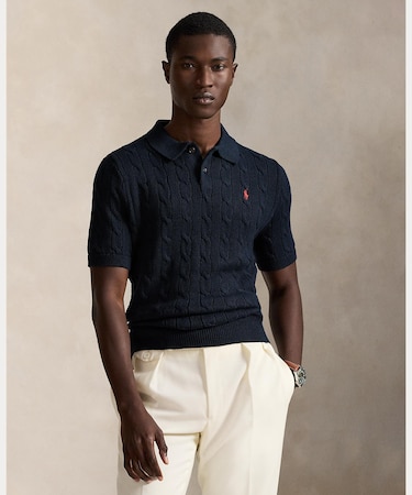 ケーブルニット コットン ポロカラー セーター