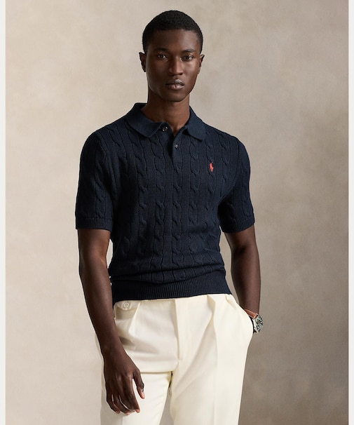 ケーブルニット コットン ポロカラー セーター