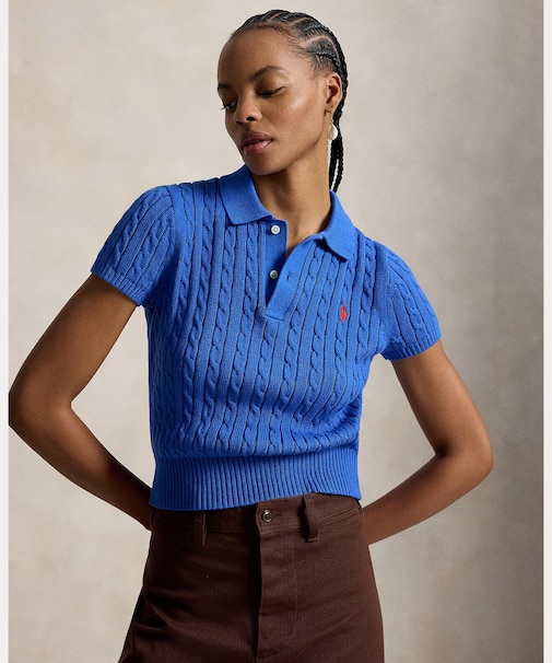 ケーブルニット コットン クロップド ポロシャツ