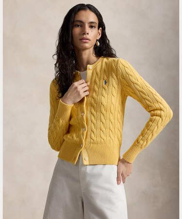 ケーブルニット コットン クルーネック カーディガン