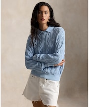 ケーブルニット コットン ポロカラー セーター