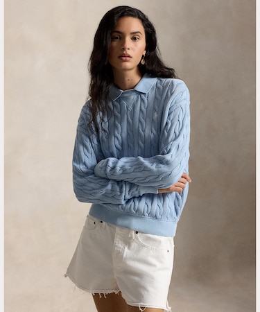 ケーブルニット コットン ポロカラー セーター