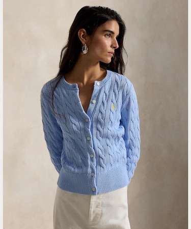 ケーブルニット コットン クルーネック カーディガン