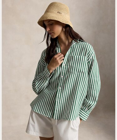 オーバーサイズ フィット ストライプド リネンコットン シャツ