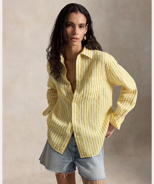 オーバーサイズ フィット ストライプド リネンコットン シャツ