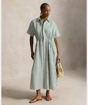 ストライプド リネンコットン ドローコード シャツドレス