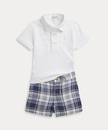 (ベビー)コットン ポロシャツ & チェック リネン ショートパンツ