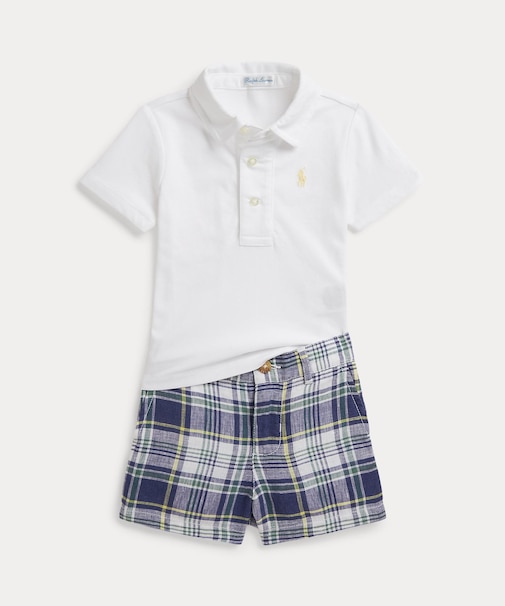 (ベビー)コットン ポロシャツ & チェック リネン ショートパンツ