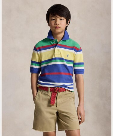 (ボーイズ 8才～20才)ストライプド コットン メッシュ ポロシャツ