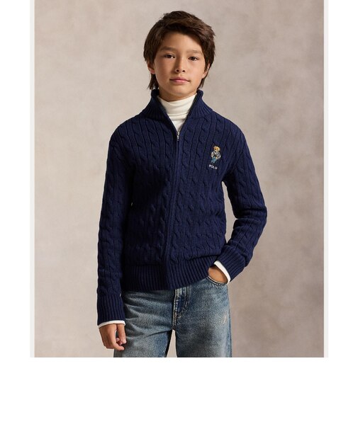(ボーイズ 8才～20才)Polo ベア ケーブル コットン フルジップ セーター