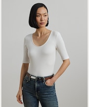 リブニット コットンブレンド エルボースリーブ Tシャツ