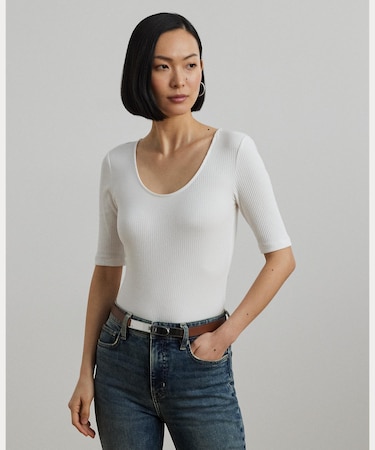 リブニット コットンブレンド エルボースリーブ Tシャツ