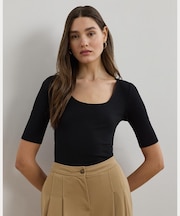 リブニット コットンブレンド エルボースリーブ Tシャツ