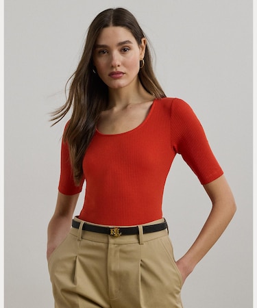 リブニット コットンブレンド エルボースリーブ Tシャツ