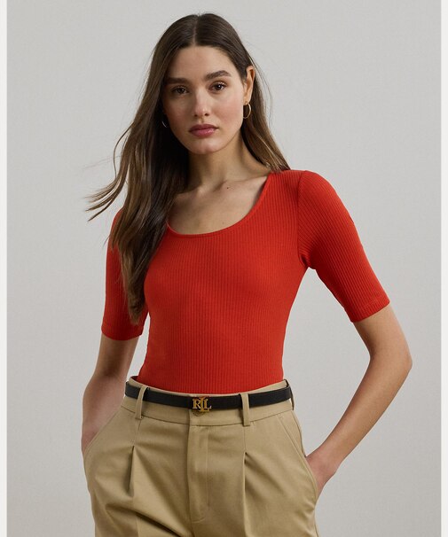 リブニット コットンブレンド エルボースリーブ Tシャツ
