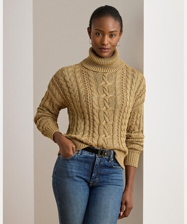 メタリック ケーブルニット タートルネック セーター