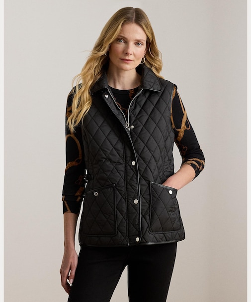 フェイクレザートリム ダイヤモンドキルテッド ベスト