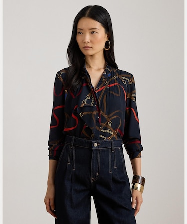 プリント フリルトリム ジョーゼット シャツ