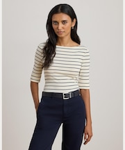 ストライプド ストレッチ コットン ボートネック Tシャツ