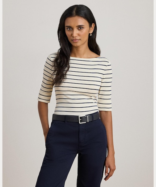 ストライプド ストレッチ コットン ボートネック Tシャツ