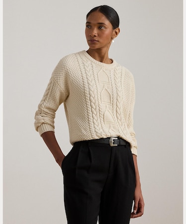 ケーブルニット コットン クルーネック セーター