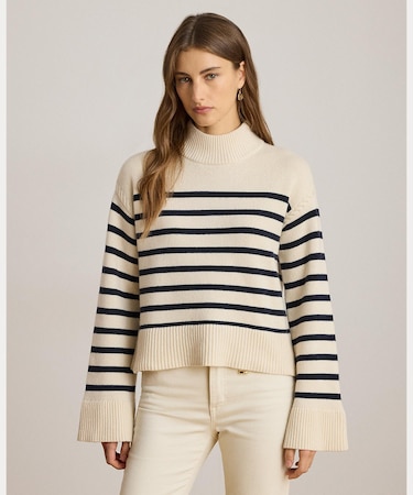 ストライプド ウールブレンド モックネック セーター