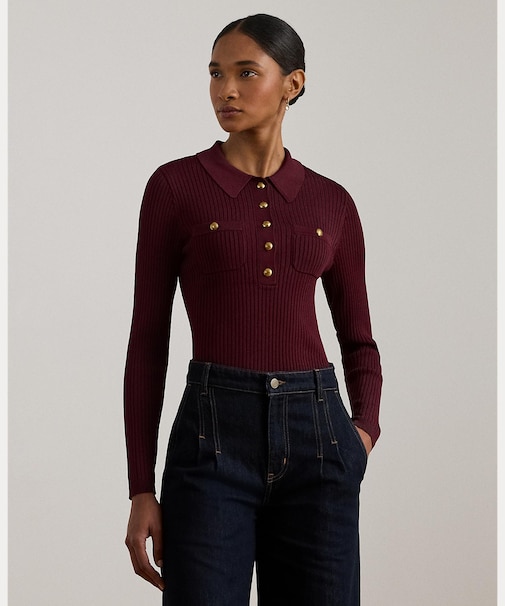 リブニット ロングスリーブ ポロ セーター