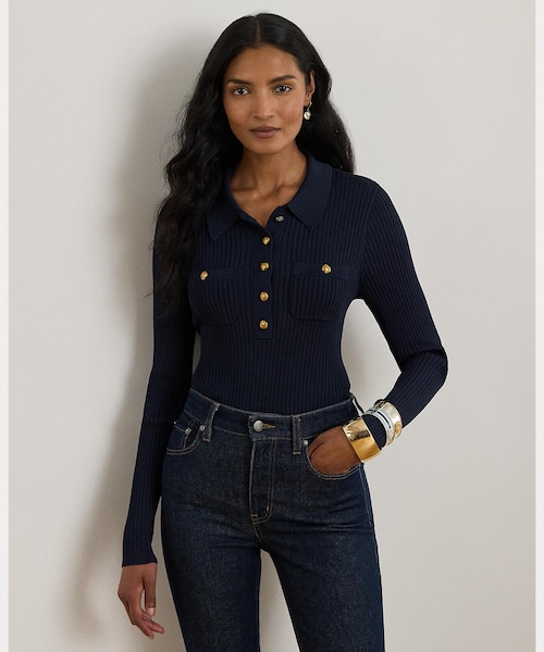 リブニット ロングスリーブ ポロ セーター｜ローレン ラルフ ローレン