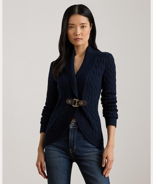 バックルトリム ケーブル ショールカラー カーディガン