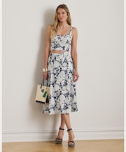 フローラル ボタンフロント リネン ミディ スカート